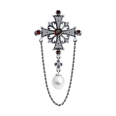 Сапфир каталог товаров Брошь из серебра с фианитом, гранатом, жемчугом 